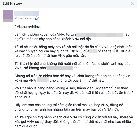 Chất lượng bữa ăn nhẹ của Vietnam Airlines và cách chê bai gây tranh cãi của một hành khách - Ảnh 1.
