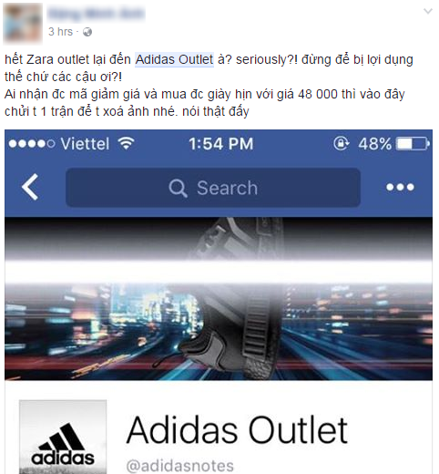 Sau Zara Outlet lừa đảo, lại xuất hiện thêm page giả mạo adidas tung tin mua giày với giá 48.000 đồng - Ảnh 4. Sau Zara Outlet lừa đảo, lại xuất hiện thêm page giả mạo adidas tung tin mua giày với giá 48.000 đồng - Ảnh 4.
