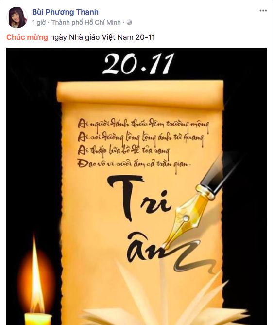Sao Việt của chúng ta cũng muốn đóng góp vào ngày tri ân thầy cô Việt Nam 20/11 bằng cách chia sẻ những hình ảnh đầy cảm xúc. Xem những gì họ đã đăng tải để tôn vinh người thầy của mình và có thể cảm thấy tự hào về những người đang giáo dục con em chúng ta.