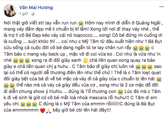 Văn Mai Hương hết lời cảm kích, liên tục gọi Mỹ Tâm là “bà Bụt” khi được cứu cánh lúc gặp sự cố rách váy - Ảnh 1.