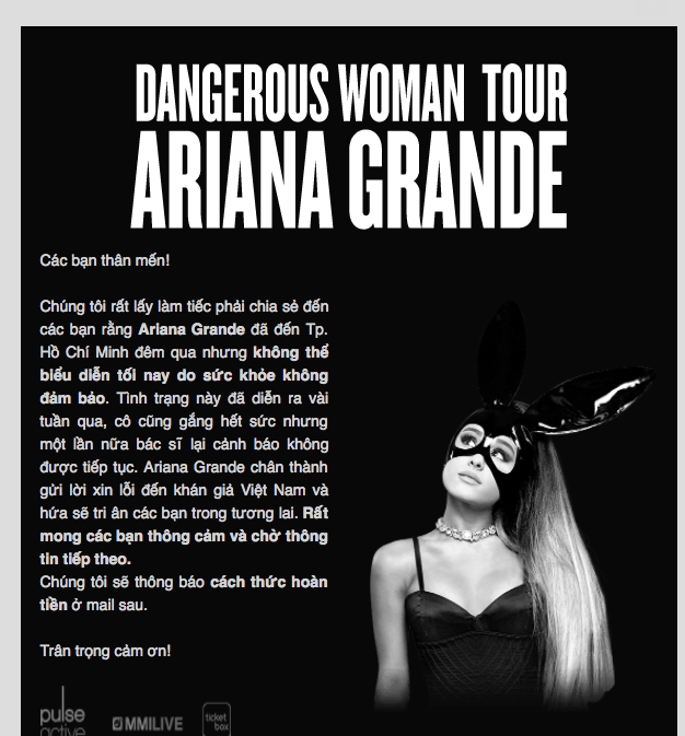 Fan Việt đừng lo lắng, đơn vị phát hành vé xác nhận sẽ hoàn tiền show diễn của Ariana - Ảnh 4.
