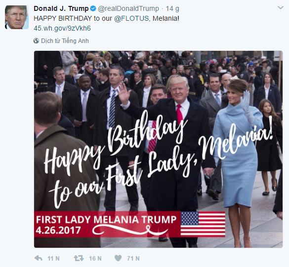 Tổng thống Donald Trump chúc mừng sinh nhật Đệ nhất phu nhân trên Twitter - Ảnh 1.