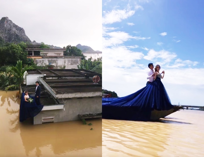 Trong mưa lũ lịch sử ở Ninh Bình, cô dâu chú rể vẫn chịu khó... leo nóc nhà để chụp ảnh cưới - Ảnh 3.