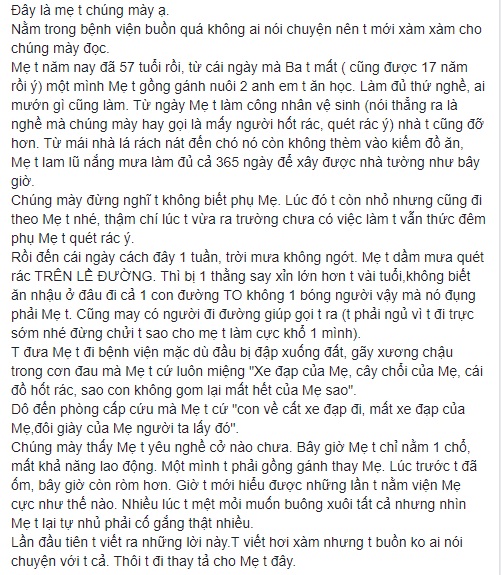 Câu chuyện của chàng trai chăm sóc người mẹ là công nhân vệ sinh bị tai nạn trong lúc làm việc khiến ai cũng lặng đi - Ảnh 1.