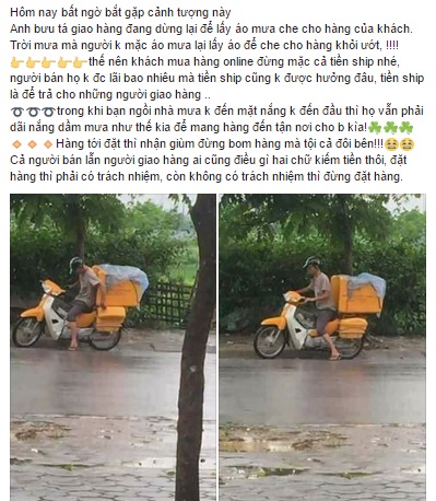Người đàn ông shipper chịu ướt người để lấy áo mưa che lại đống hàng cho khách - Ảnh 1.