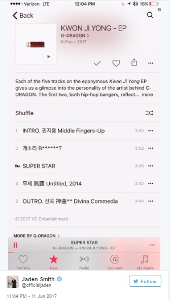 Jaden Smith ủng hộ nhiệt t&igrave;nh với album mới của G-Dragon - Ảnh 1.