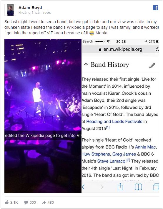 Thánh nhây của năm: sửa Wikipedia ban nhạc, biến mình thành em của ca sỹ để vào khu VIP - Ảnh 2.