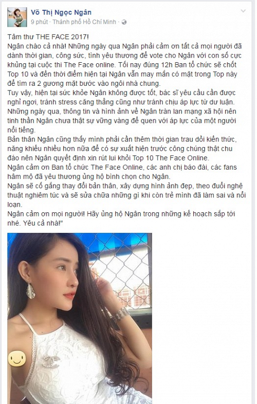 Ngân 98 bất ngờ gửi tâm thư xin rút lui khỏi The Face Online - Ảnh 1.