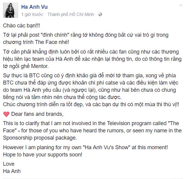 Hà Anh lên tiếng xác nhận không tham gia The Face mùa 2! - Ảnh 1.