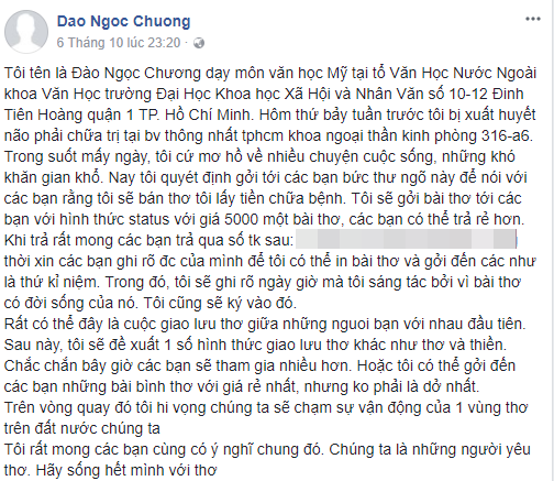 Lí do đầy ý nghĩa phía sau câu chuyện phó GS trường Nhân văn TP. HCM rao bán 5.000 đồng/bài thơ để kiếm tiền chữa bệnh - Ảnh 1.