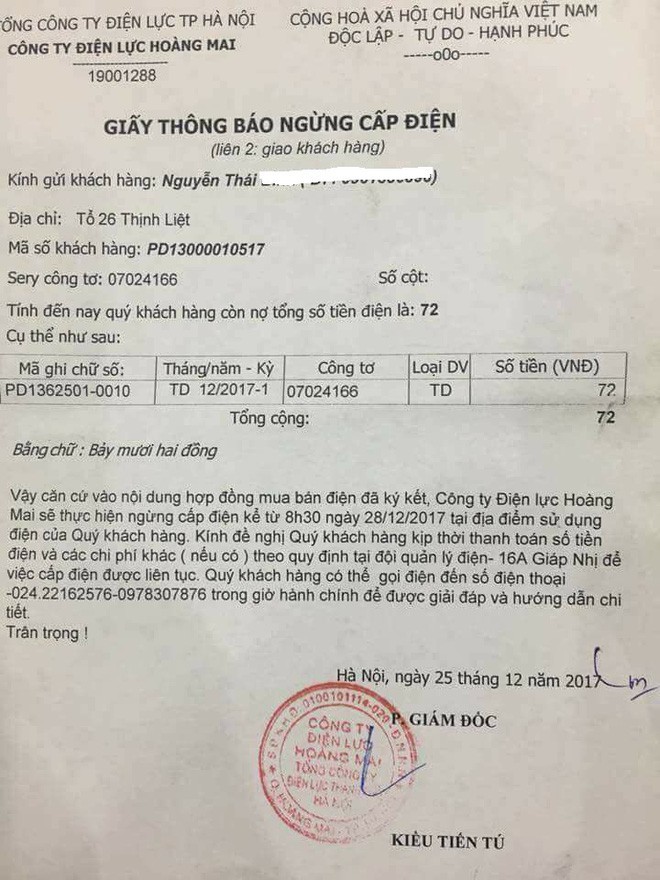 Nợ 72 đồng, khách hàng ở Hà Nội nhận giấy thông báo ngừng cấp điện - Ảnh 2.