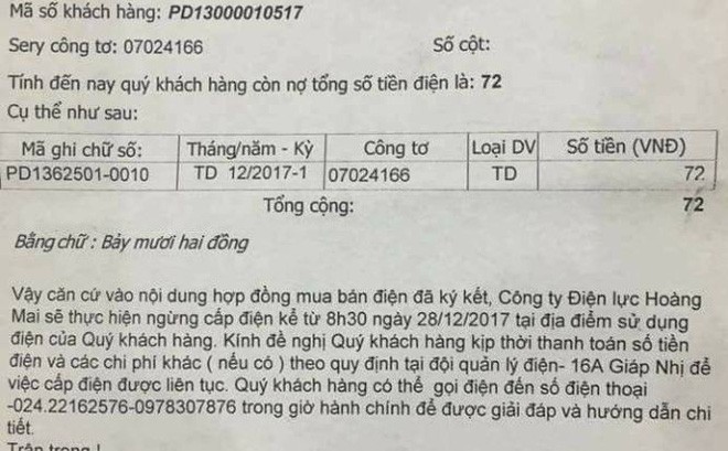 Nợ 72 đồng, khách hàng ở Hà Nội nhận giấy thông báo ngừng cấp điện - Ảnh 1.