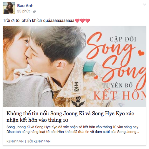 Biết tin Song Hye Kyo và Song Joong Ki kết hôn, sao Việt: Người phấn khích, kẻ khóc ròng - Ảnh 2.