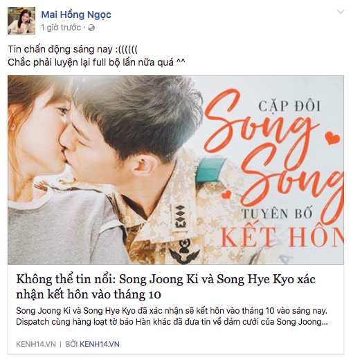 Biết tin Song Hye Kyo và Song Joong Ki kết hôn, sao Việt: Người phấn khích, kẻ khóc ròng - Ảnh 1.