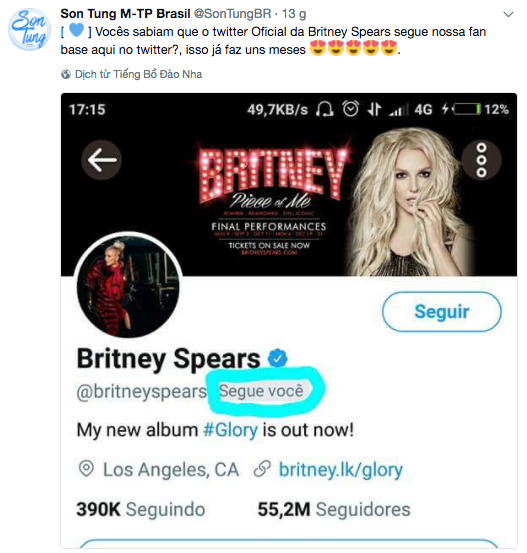 Britney Spears âm thầm theo dõi fanpage của Sơn Tùng tại Brazil - Ảnh 1.