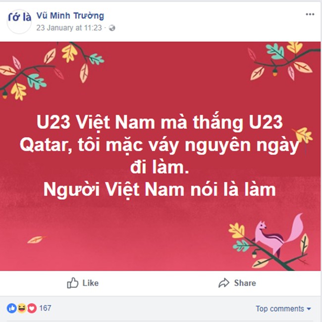 Người Việt Nam n&oacute;i l&agrave; l&agrave;m: Người đ&agrave;n &ocirc;ng mặc v&aacute;y của vợ đi l&agrave;m cả ng&agrave;y sau khi U23 Việt Nam thắng trận b&aacute;n kết - Ảnh 1.