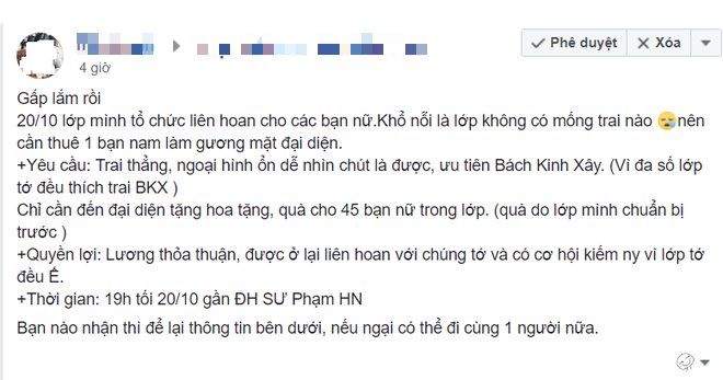 Công việc hot nhất ngày 20/10 ở những lớp không có con trai: Được thuê sang giả bộ tặng quà, làm quen với rất nhiều bạn nữ xinh đẹp - Ảnh 1. Công việc hot nhất ngày 20/10 ở những lớp không có con trai: Được thuê sang giả bộ tặng quà, làm quen với rất nhiều bạn nữ xinh đẹp - Ảnh 1.