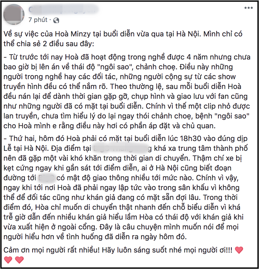 Hòa Minzy thay mặt trưởng FC xin lỗi vì lớn tiếng với fan - Ảnh 2. Hòa Minzy thay mặt trưởng FC xin lỗi vì lớn tiếng với fan - Ảnh 2.