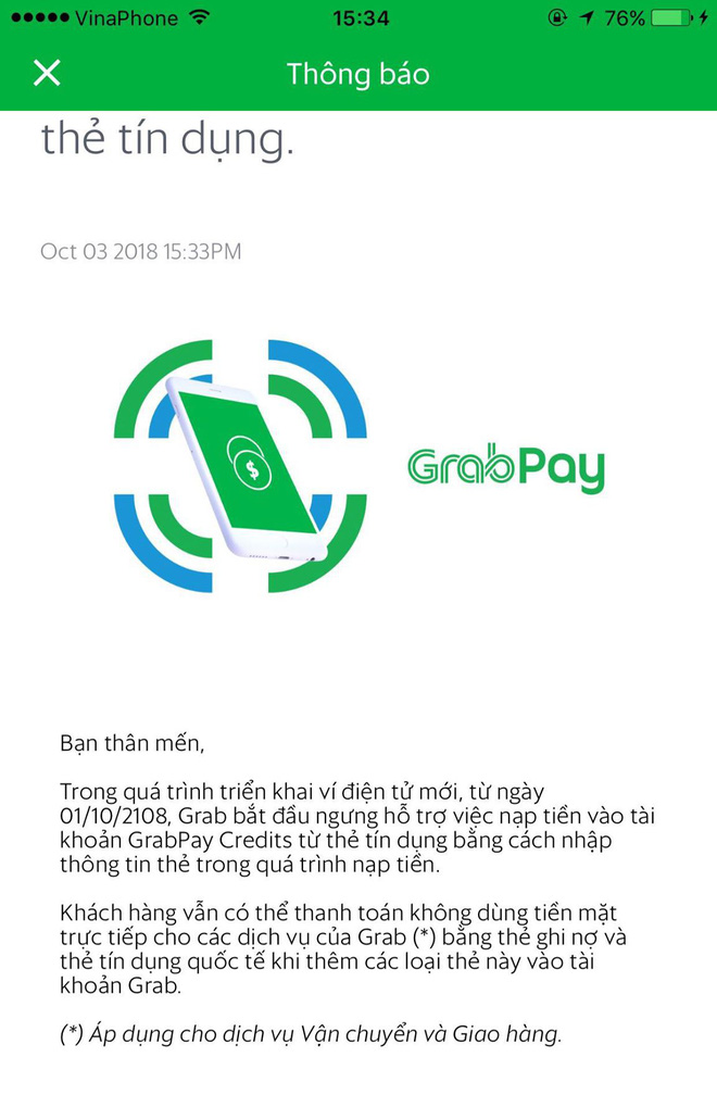 Ứng dụng Grab ngưng hỗ trợ nạp tiền từ thẻ tín dụng, bỏ hoàn toàn GrabPay - Ảnh 1.