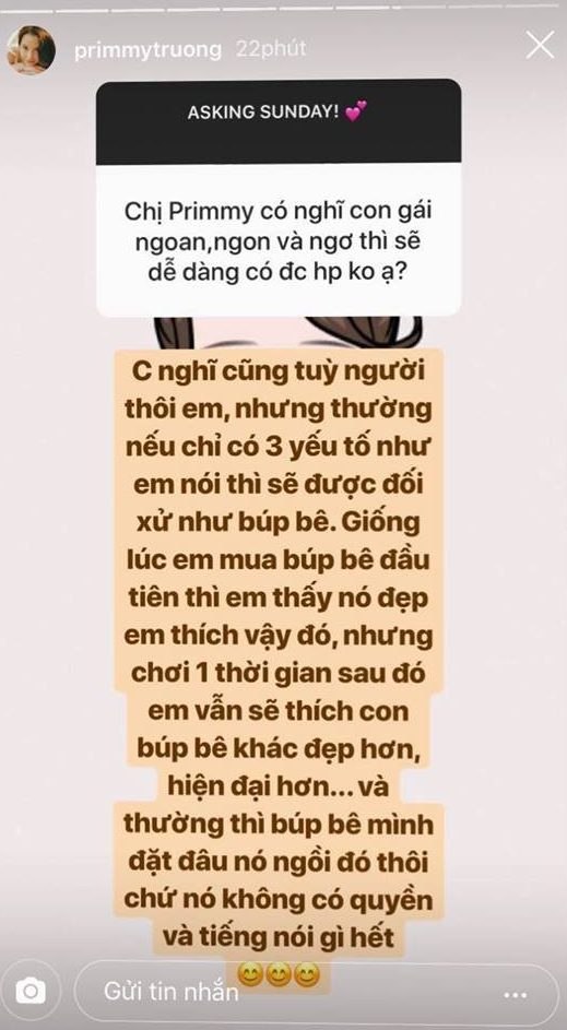 Primmy Trương trả lời c&acirc;u hỏi tr&ecirc;n Instagram: Con g&aacute;i ngoan, ngon v&agrave; ngơ c&oacute; được hạnh ph&uacute;c kh&ocirc;ng?  - Ảnh 1.