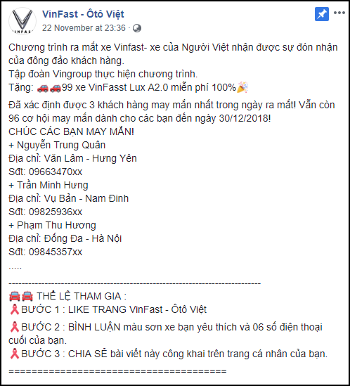 Lừa share Fanpage để nhận xe Vinfast miễn phí, hàng nghìn cư dân mạng Facebook sập bẫy tin sái cổ - Ảnh 1.