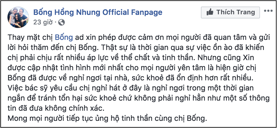 Hồng Nhung cập nhật tình hình sức khỏe sau 2 ngày nhập viện: Đã ổn định, tạm nghỉ hát một thời gian ngắn - Ảnh 1. Hồng Nhung cập nhật tình hình sức khỏe sau 2 ngày nhập viện: Đã ổn định, tạm nghỉ hát một thời gian ngắn - Ảnh 1.