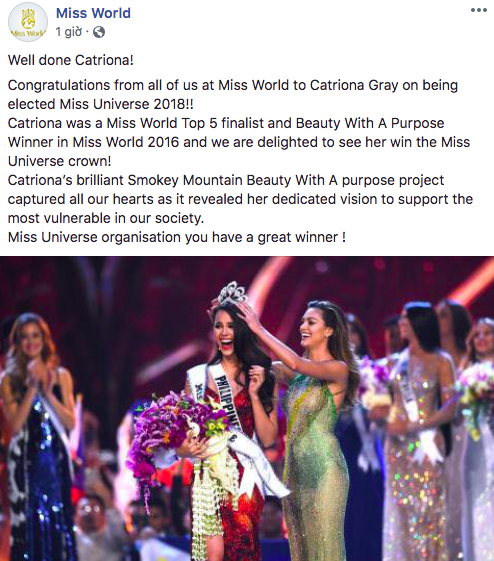 Chúc mừng Tân Hoa hậu Hoàn vũ, Miss World bị ném đá vì từng loại cô và fanpage còn cẩu thả ghi sai thông tin - Ảnh 1.