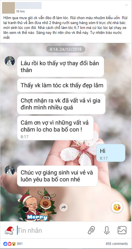 Chồng bế con 2,5 th&aacute;ng sang h&agrave;ng x&oacute;m ti trực để vợ đi l&agrave;m t&oacute;c c&ugrave;ng lời nhắn khiến vợ tr&agrave;o nước mắt: Em đ&atilde; vất vả v&igrave; gia đ&igrave;nh m&igrave;nh nhiều qu&aacute;! - Ảnh 1.