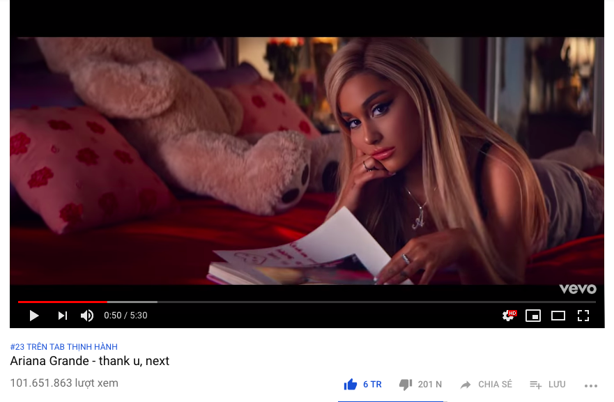 Kỷ lục 55 triệu view trong 24 giờ còn chưa ấm chỗ, Ariana Grande lại vượt mặt Taylor Swift và BTS ở cột mốc trăm triệu - Ảnh 1. Kỷ lục 55 triệu view trong 24 giờ còn chưa ấm chỗ, Ariana Grande lại vượt mặt Taylor Swift và BTS ở cột mốc trăm triệu - Ảnh 1.