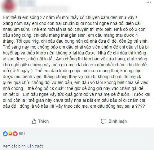 Câu chuyện khiến chị em tranh cãi: Dâu út đang bầu bí, mẹ chồng bắt vào viện chăm dâu trưởng mới sinh  - Ảnh 1.