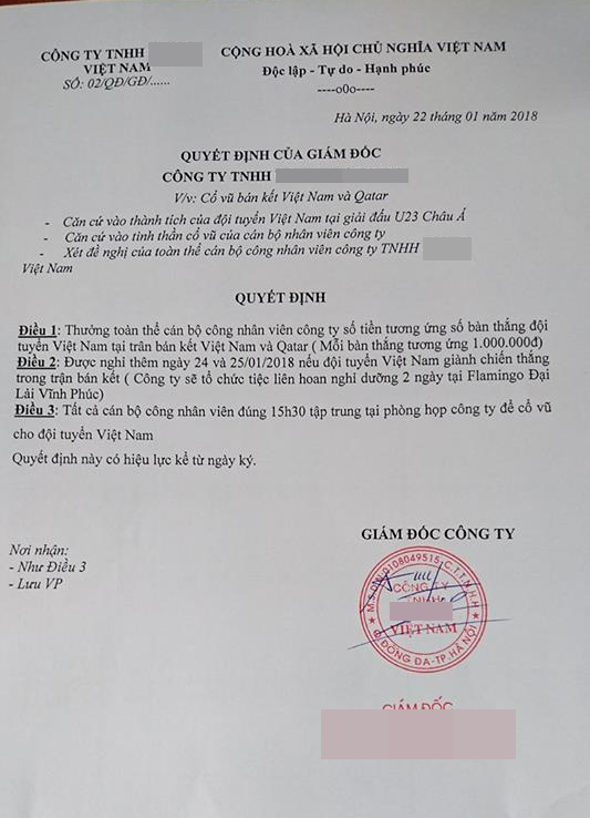 Trước thềm bán kết U23 Việt Nam gặp Qatar: Hàng loạt công ty cho nghỉ làm, thưởng 1 triệu cho mỗi nhân viên tương đương bàn thắng VN ghi được - Ảnh 2.
