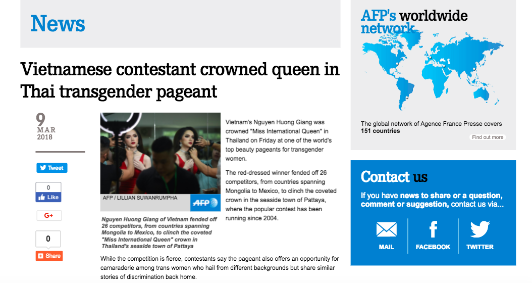 DailyMail, AFP cùng loạt tờ báo lớn nhất thế giới đưa tin Hương Giang đăng quang Hoa hậu Chuyển giới Quốc tế 2018 - Ảnh 2. DailyMail, AFP cùng loạt tờ báo lớn nhất thế giới đưa tin Hương Giang đăng quang Hoa hậu Chuyển giới Quốc tế 2018 - Ảnh 2.