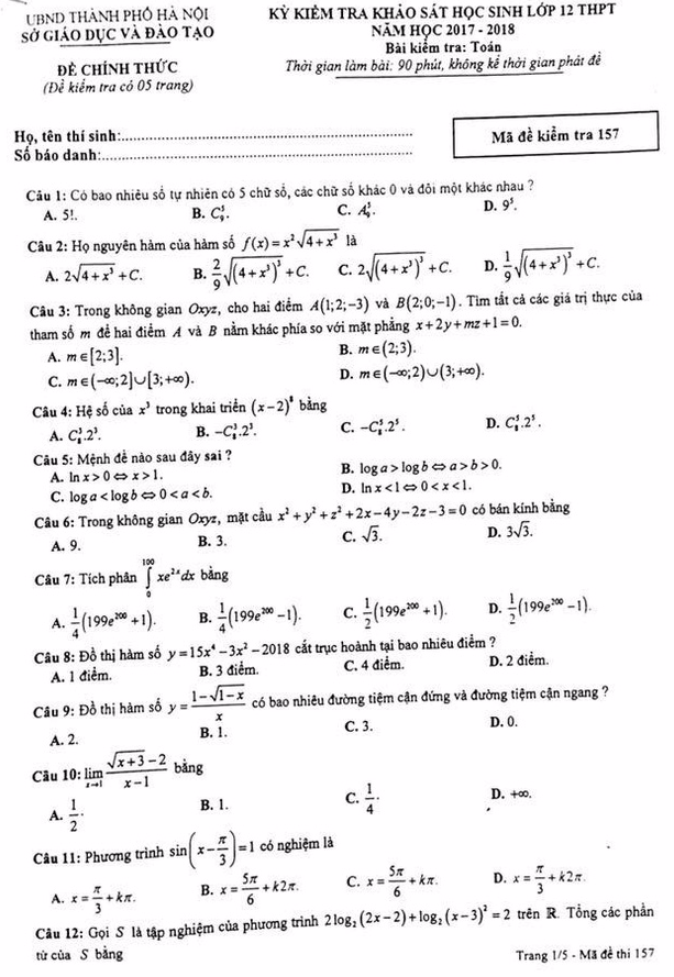 Đề thi và đáp án môn Toán của kỳ thi thử THPT quốc gia 2018 tại Hà Nội - Ảnh 1.