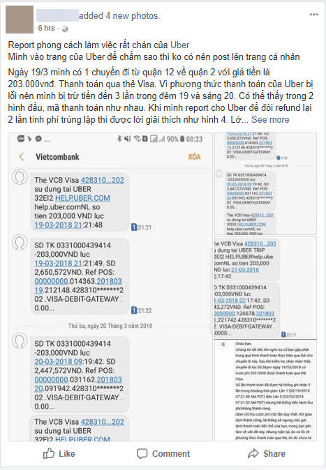 Đi 1 cuốc xe bị trừ tiền hơn chục lần, Đại diện Uber lên tiếng: Lỗi từ ngân hàng Vietcombank - Ảnh 1.