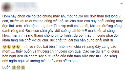 Bức thư của người mẹ đơn th&acirc;n ung thư viết cho con trai trước khi qua đời: C&aacute;c bạn c&oacute; mẹ c&oacute; cha, thương con c&ocirc;i c&uacute;t nghĩ m&agrave; x&oacute;t đau - Ảnh 1.