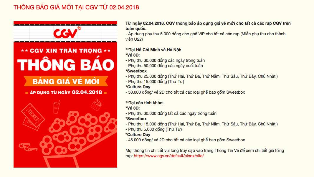 CGV thay đổi giá vé