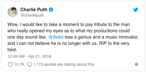 Tin Avicii qua đời khiến Charlie Puth, Calvin Harris cùng loạt siêu sao đình đám bàng hoàng - Ảnh 4.