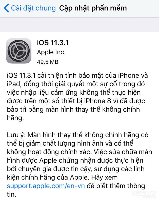 Apple tung ra iOS 11.3.1, khắc phục vấn đề với iPhone thay màn hình không chính hãng - Ảnh 1.
