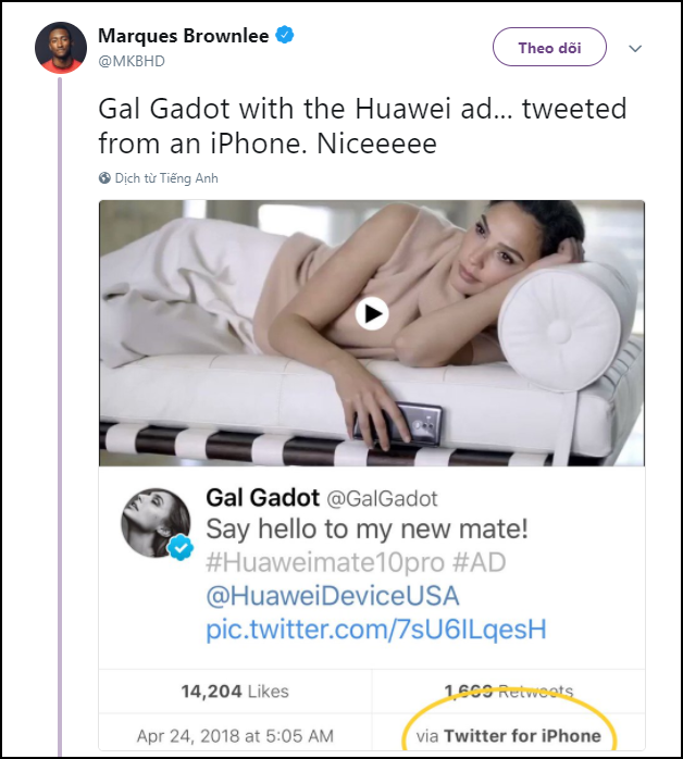 Mỹ nhân Wonder Woman đóng quảng cáo smartphone Huawei nhưng lại dùng iPhone để đăng bài - Ảnh 1.