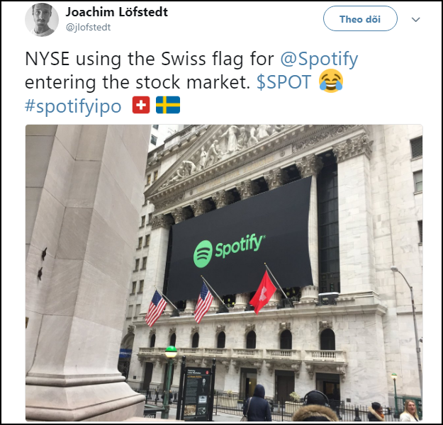 Spotify qu&ecirc; Thụy Điển nhưng sao chứng kho&aacute;n New York lại đem cờ Thụy Sỹ ra ch&agrave;o mừng mới hay - Ảnh 1.