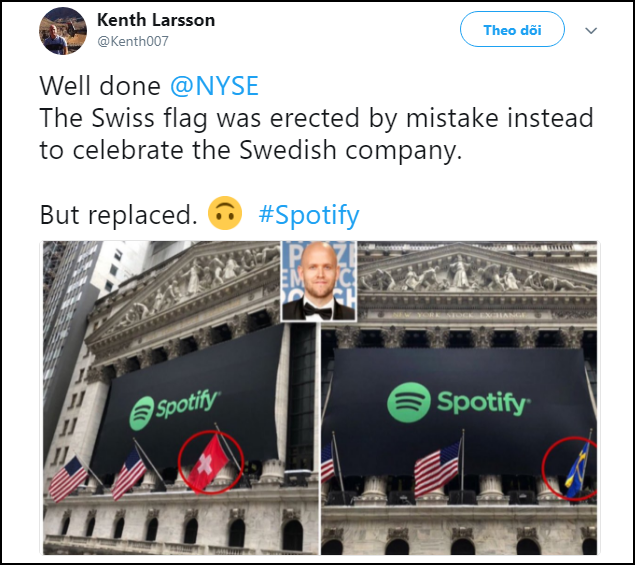 Spotify qu&ecirc; Thụy Điển nhưng sao chứng kho&aacute;n New York lại đem cờ Thụy Sỹ ra ch&agrave;o mừng mới hay - Ảnh 2.