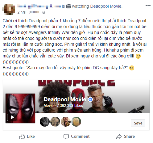 Fan Viá»‡t cÆ°á»i sáº£ng sau khi xem bom táº¥n hÃ i bá»±a Deadpool 2 - áº¢nh 3.