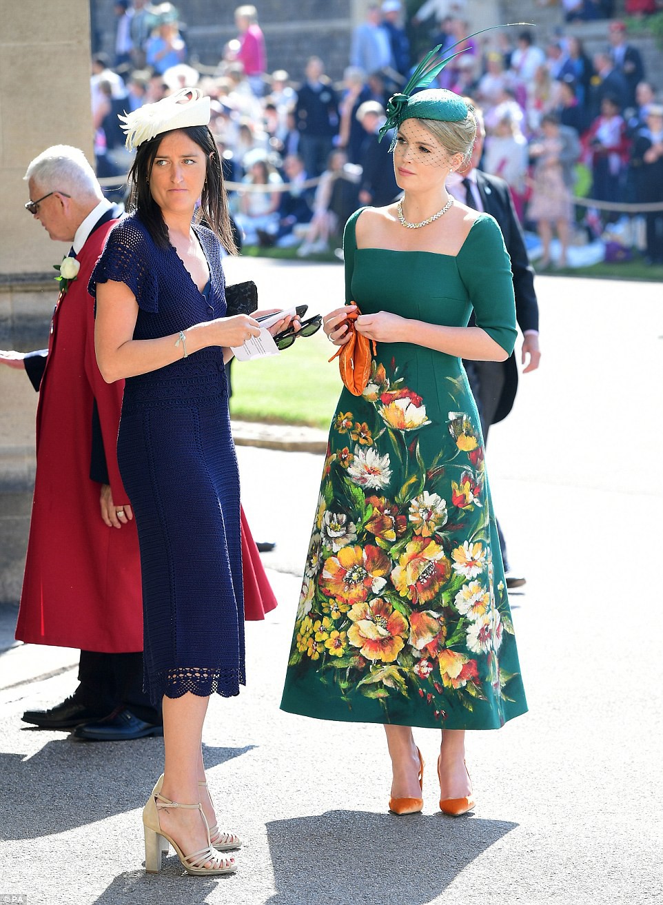 Floral gown: Lady Kitty Spencer, right, photographed outside St George's Chapel as she waits to enter for the ceremonyÂ 