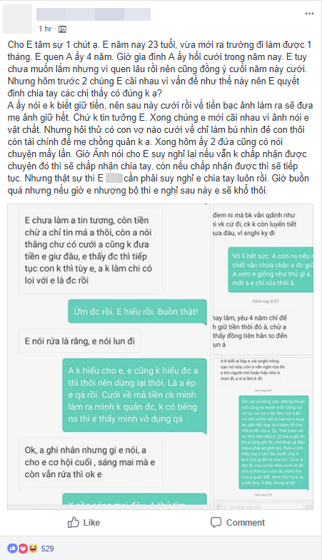 Cô gái dứt khoát chia tay vì chồng sắp cưới tuyên bố không tin tưởng vợ, sẽ đưa hết tiền bạc cho mẹ đẻ sau khi kết hôn - Ảnh 1.