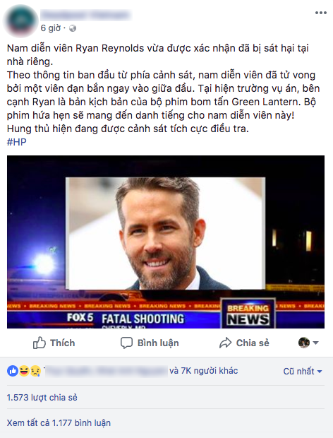 Sự thật về thông tin Deadpool Ryan Reynolds bị bắn chết lan truyền rầm rộ trên mạng - Ảnh 1.