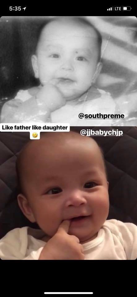 Bức ảnh so sánh thú vị khi bố Nam 4 tháng và JJ 5 tháng, hai ba con không khác gì nhau luôn!