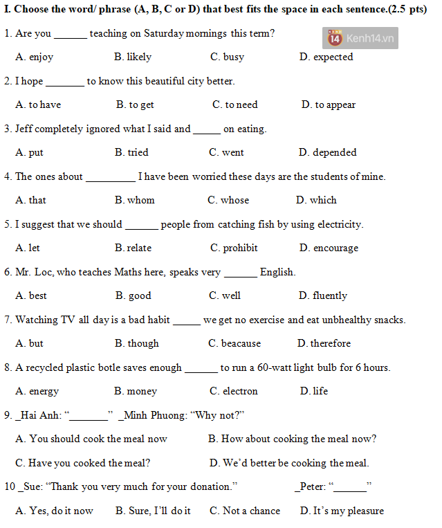 Đề thi và đáp án môn tiếng Anh trong kỳ thi tuyển sinh vào lớp 10 tại TP HCM 2018 - Ảnh 1.