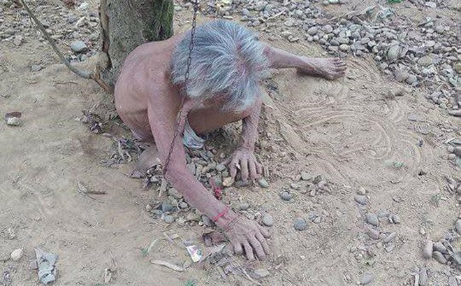 Cụ bà cởi trần bị chồng xích vào gốc cây ngoài vườn không bị tâm thần - Ảnh 1.