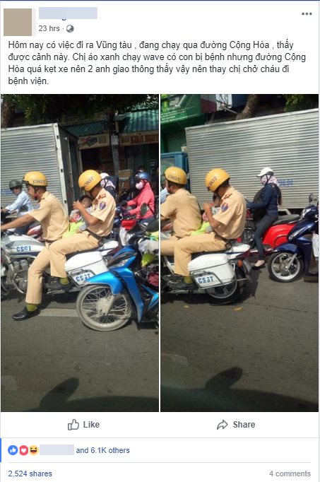 Hình ảnh đẹp: 2 đồng chí CSGT giúp đỡ người phụ nữ, vừa cho bú bình vừa chở cháu bé len lỏi qua đoạn đường ùn tắc đến bệnh viện kịp thời - Ảnh 1. Hình ảnh đẹp: 2 đồng chí CSGT giúp đỡ người phụ nữ, vừa cho bú bình vừa chở cháu bé len lỏi qua đoạn đường ùn tắc đến bệnh viện kịp thời - Ảnh 1.