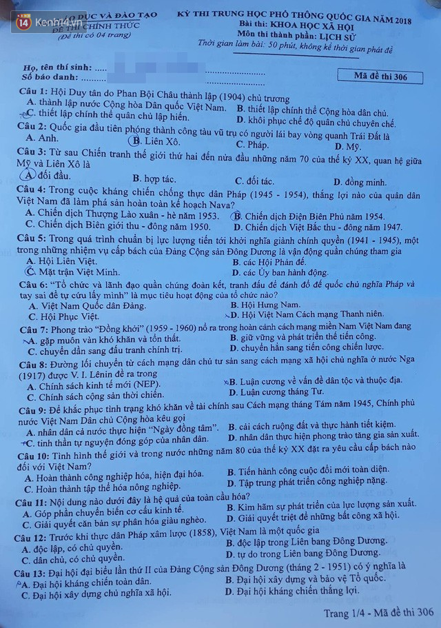 Đáp án đề thi THPT Quốc gia môn Lịch Sử (tất cả mã đề) - Ảnh 2.